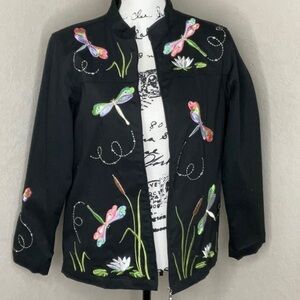 665 - Quacker Factory QVC NWOT BlackPink Dragonfly Jacket Embroidered Size Small
